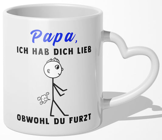 22Feels® Geschenk für Papas - Tasse mit Spruch: Ich Hab Dich Lieb Obwohl Du Furzt (Herzhenkel, Weiss, 320ml)-Tasse Weiss Herzhenkel 320ml-22Feels