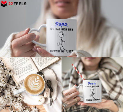 22Feels® Geschenk für Papas - Tasse mit Spruch: Ich Hab Dich Lieb Obwohl Du Furzt (Herzhenkel, Weiss, 320ml)-Tasse Weiss Herzhenkel 320ml-22Feels