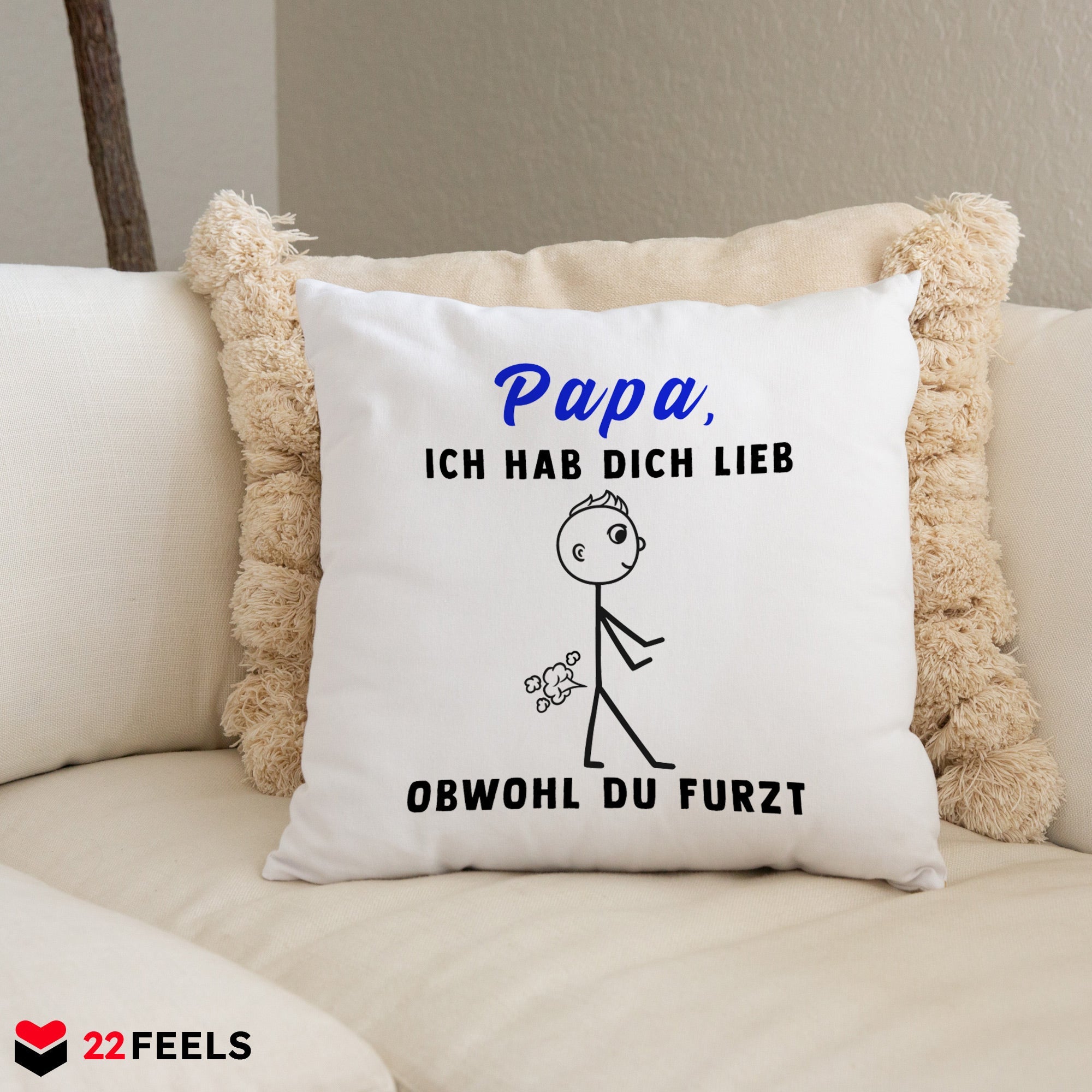 22Feels® ORIGINAL Kissen - Vater Geschenk - Spruch: Ich Hab Dich Lieb, Obwohl Du Furzt (Weiss, 40x40cm)-Kissen Weiss 40x40-22Feels
