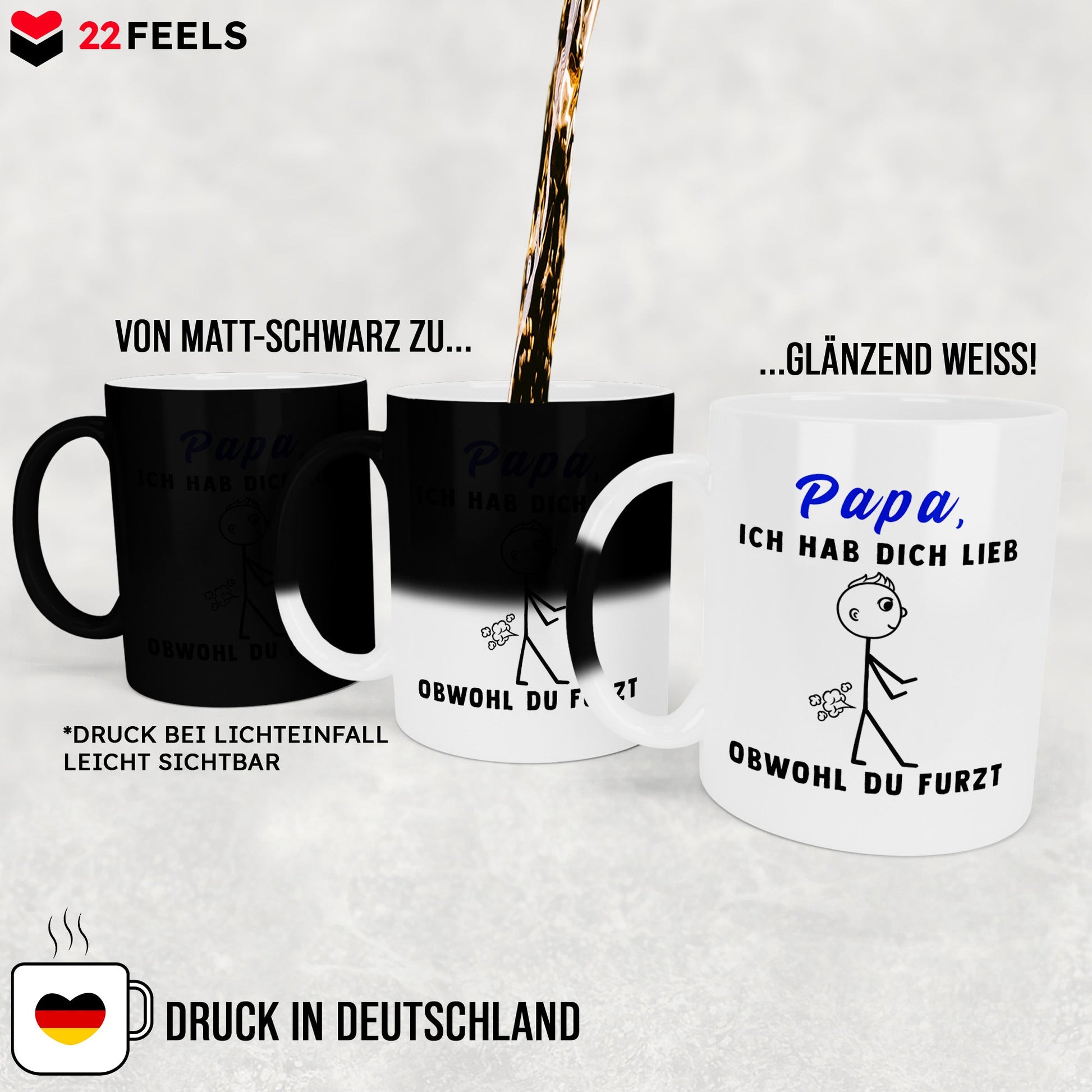 22Feels® ORIGINAL Zaubertasse - Vater Geschenk - Spruch: Ich Hab Dich Lieb, Obwohl Du Furzt (Matt-Schwarz und Weiss, 320ml)-Farbwechsel Tasse Matt 320ml-22Feels