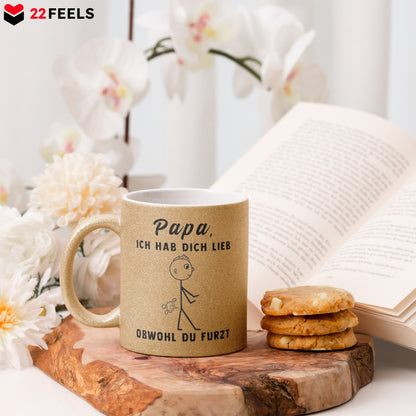 22Feels® ORIGINAL Glitzertasse - Vater Geschenk - Spruch: Ich Hab Dich Lieb, Obwohl Du Furzt (Gold, 320ml)-Glitzertasse Gold 320ml-22Feels