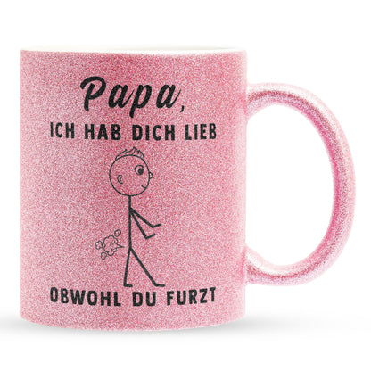 22Feels® ORIGINAL Glitzertasse - Vater Geschenk - Spruch: Ich Hab Dich Lieb, Obwohl Du Furzt (Pink, 320ml)-Glitzertasse Pink 320ml-22Feels