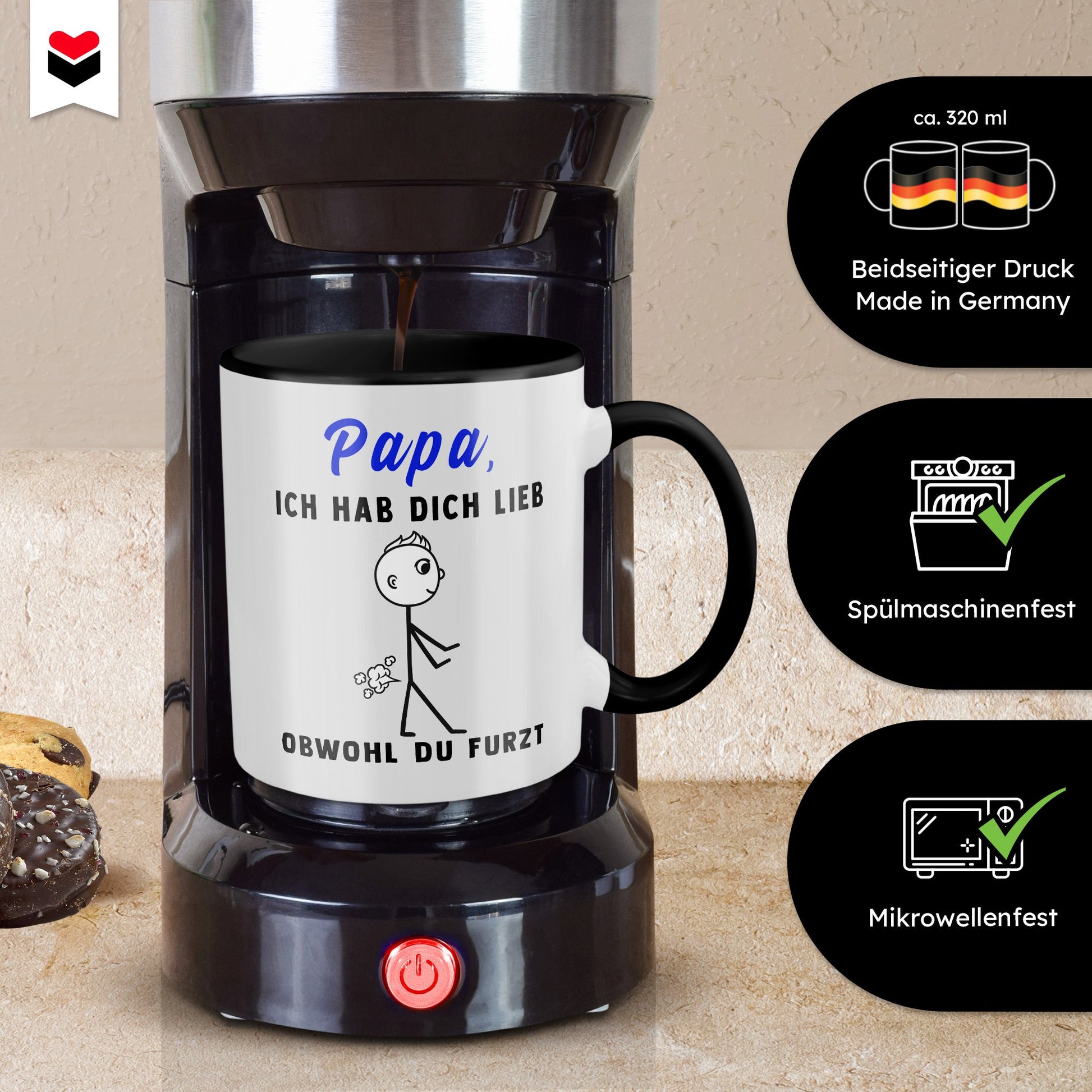 22Feels® ORIGINAL Tasse - Vater Geschenk - Spruch: Ich Hab Dich Lieb, Obwohl Du Furzt (Weiss-Schwarz, 320ml)-TwoTone Tasse Weiss-Schwarz 320ml-22Feels