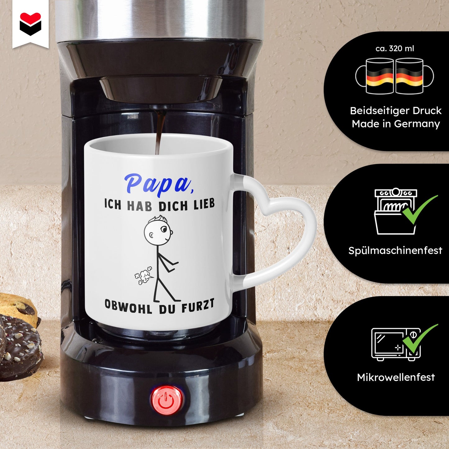 22Feels® Geschenk für Papas - Tasse mit Spruch: Ich Hab Dich Lieb Obwohl Du Furzt (Herzhenkel, Weiss, 320ml)-Tasse Weiss Herzhenkel 320ml-22Feels