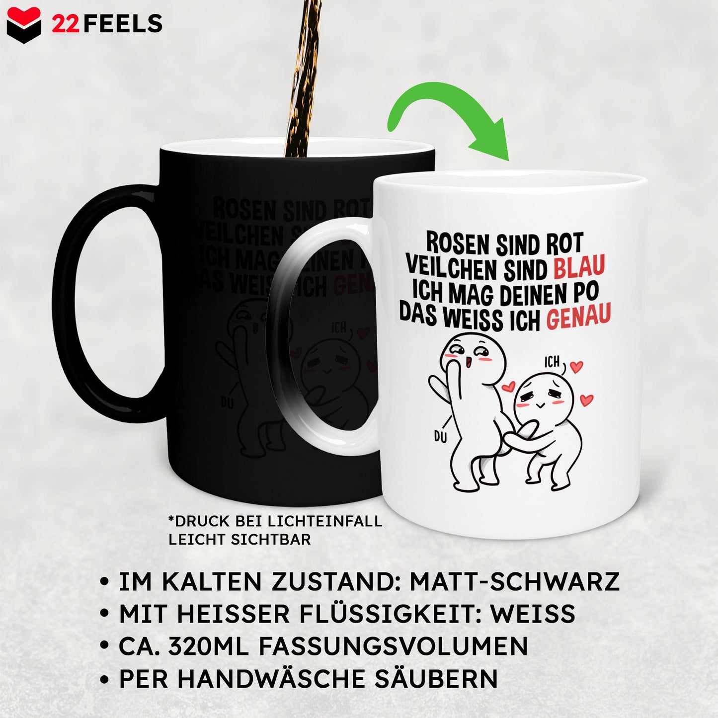 22Feels® Pärchen Geschenk zum Jahrestag, Hochzeitstag, Valentinstag etc. - Zaubertasse mit Spruch (Matt-Schwarz und Weiss, 320ml)-Farbwechsel Tasse Matt 320ml-22Feels