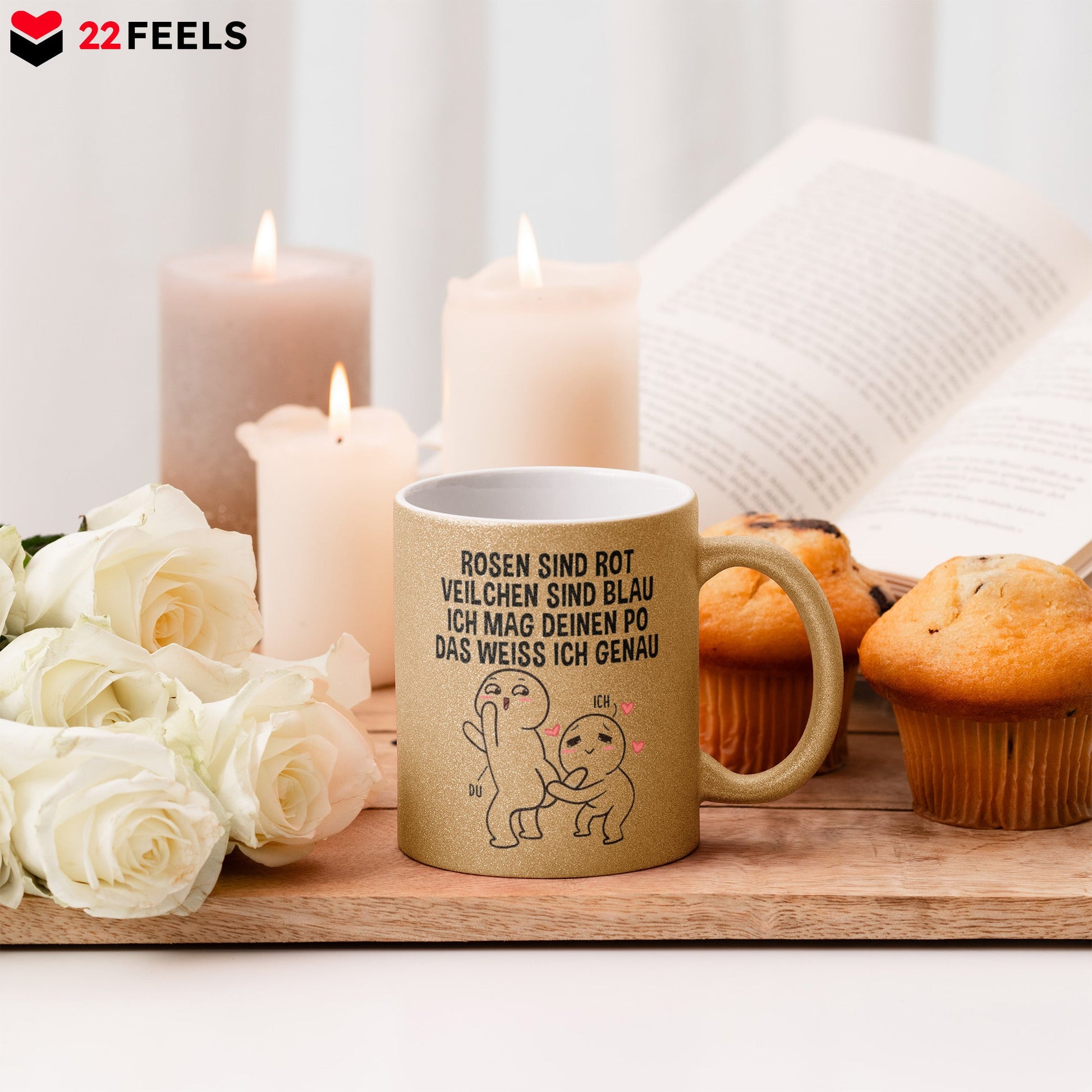 22Feels® Pärchen Geschenk zum Jahrestag, Hochzeitstag, Valentinstag etc. - Glitzertasse mit Spruch (Gold, 320ml)-Glitzertasse Gold 320ml-22Feels