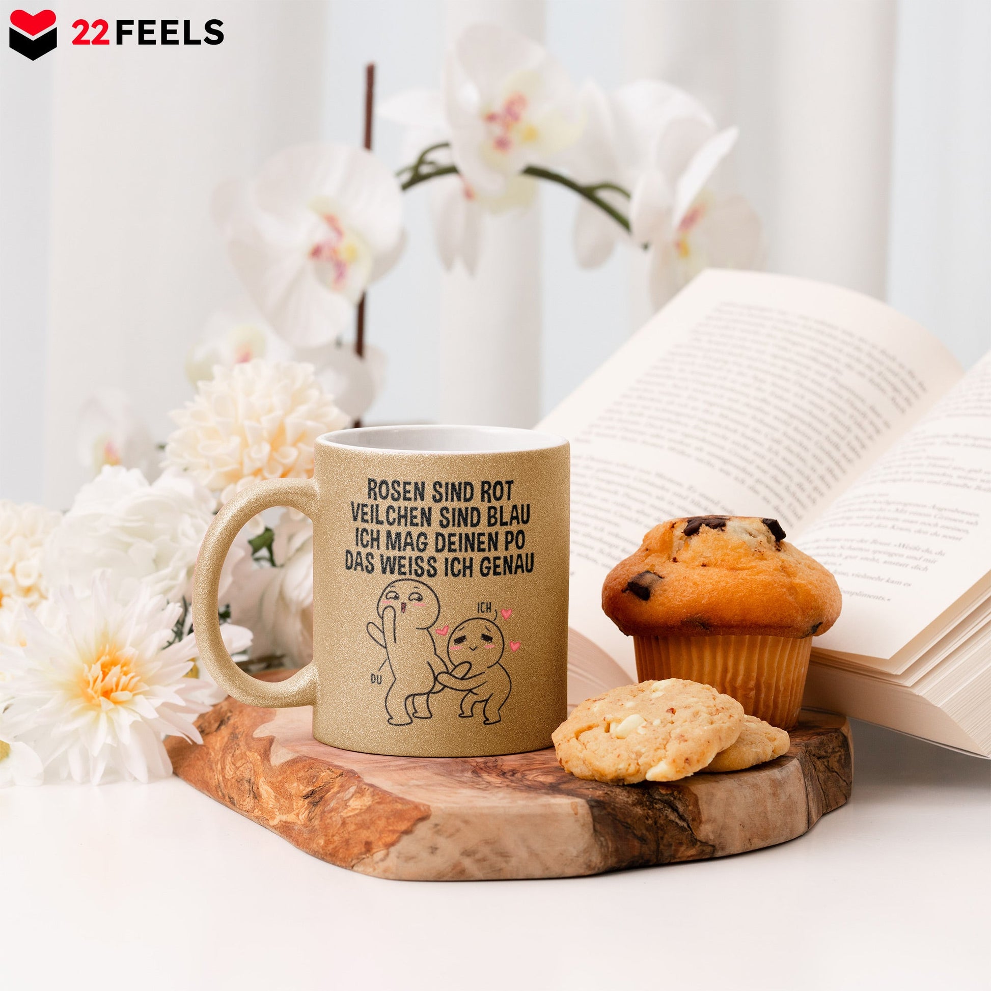 22Feels® Pärchen Geschenk zum Jahrestag, Hochzeitstag, Valentinstag etc. - Glitzertasse mit Spruch (Gold, 320ml)-Glitzertasse Gold 320ml-22Feels