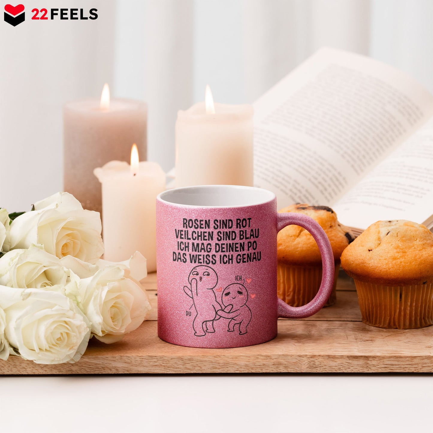22Feels® Pärchen Geschenk zum Jahrestag, Hochzeitstag, Valentinstag etc. - Glitzertasse mit Spruch (Pink, 320ml)-Glitzertasse Pink 320ml-22Feels