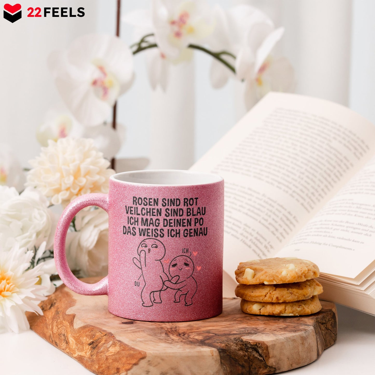 22Feels® Pärchen Geschenk zum Jahrestag, Hochzeitstag, Valentinstag etc. - Glitzertasse mit Spruch (Pink, 320ml)-Glitzertasse Pink 320ml-22Feels