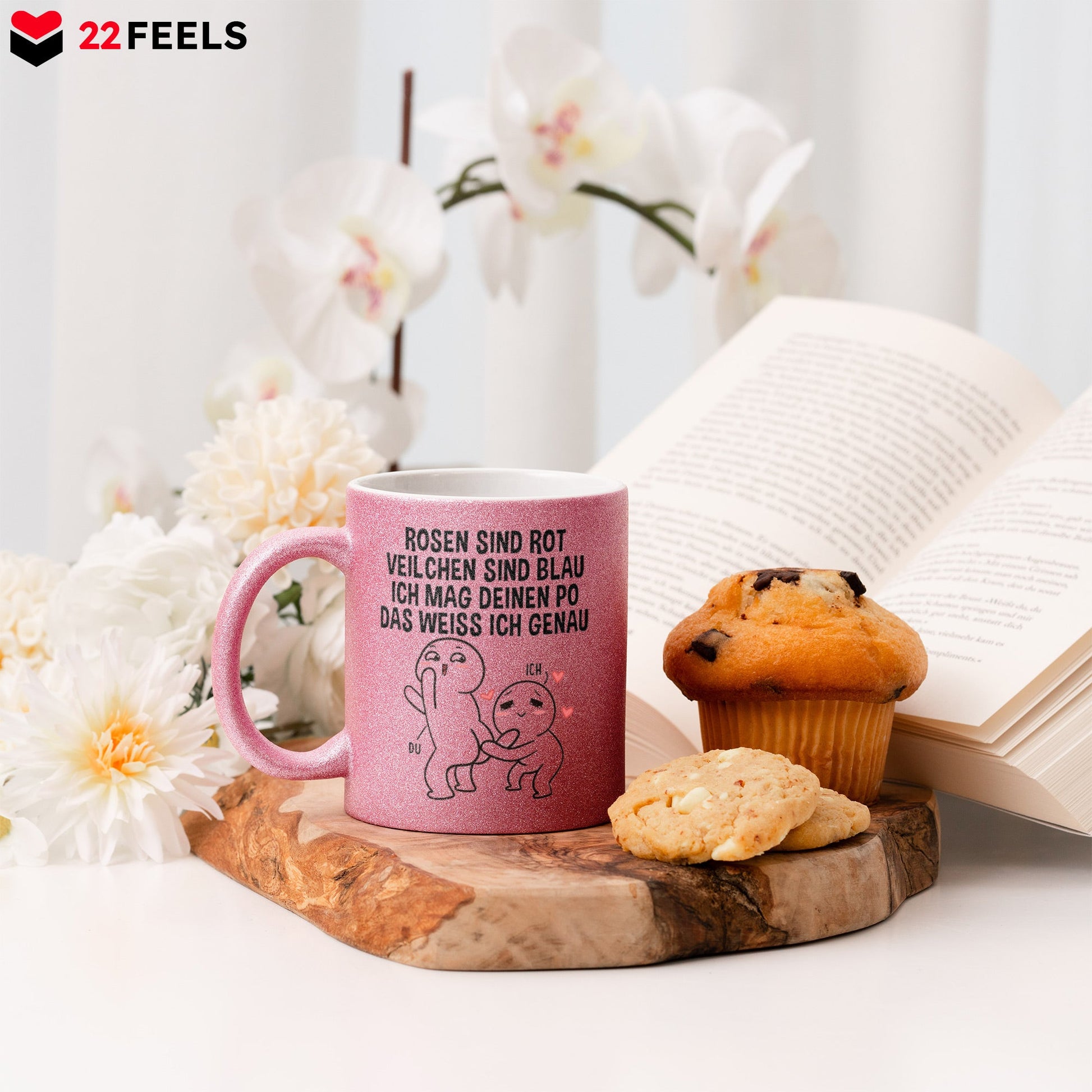 22Feels® Pärchen Geschenk zum Jahrestag, Hochzeitstag, Valentinstag etc. - Glitzertasse mit Spruch (Pink, 320ml)-Glitzertasse Pink 320ml-22Feels
