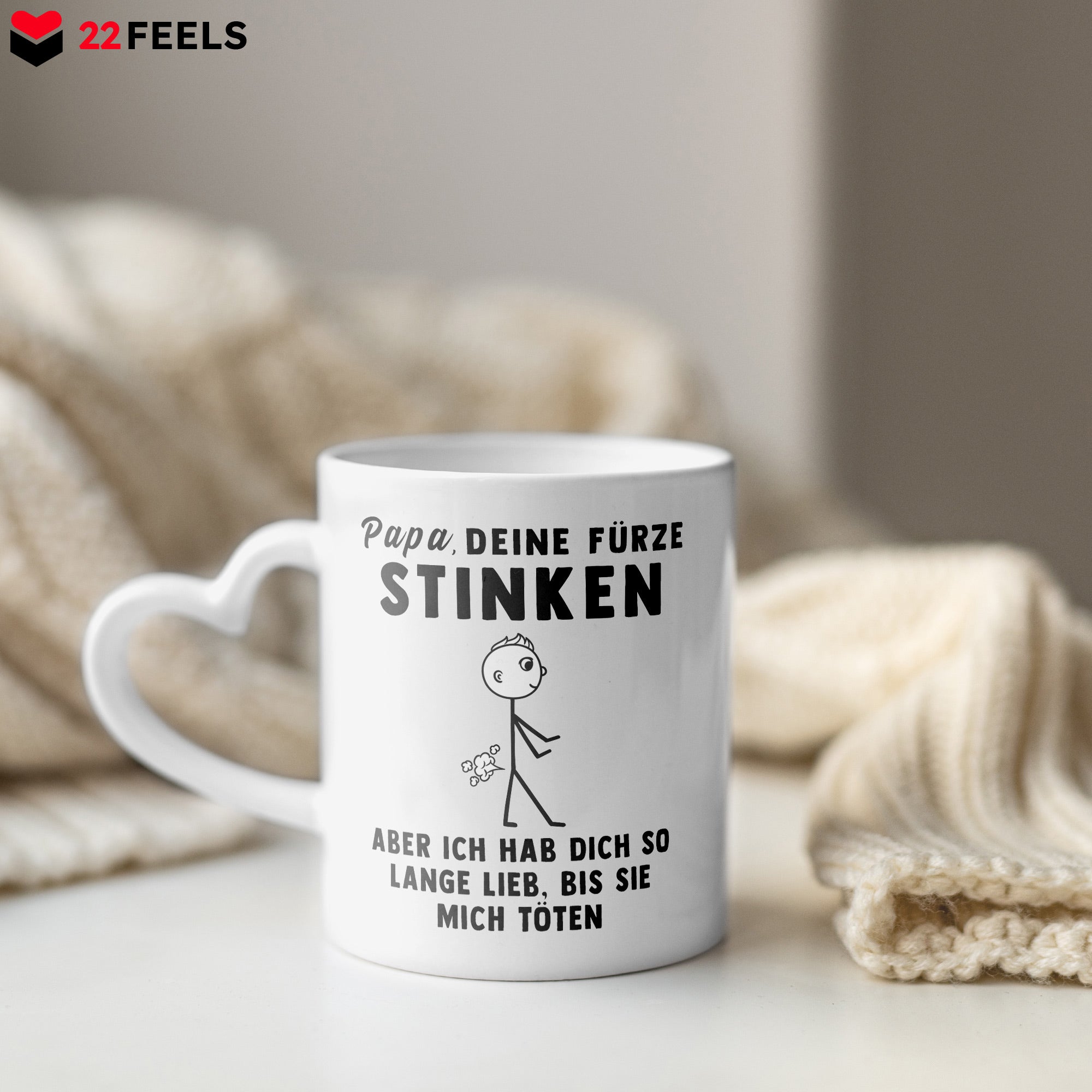 22Feels® Geschenk für Papas - Tasse mit Spruch: Deine Fürze Stinken (Herzhenkel, Weiss, 320ml)-Tasse Weiss Herzhenkel 320ml-22Feels