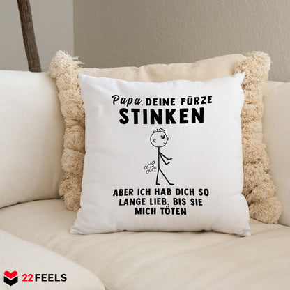 22Feels® ORIGINAL Kissen - Vater Geschenk - Spruch: Papa, Deine Fürze Stinken (Weiss, 40x40cm)-Kissen Weiss 40x40-22Feels