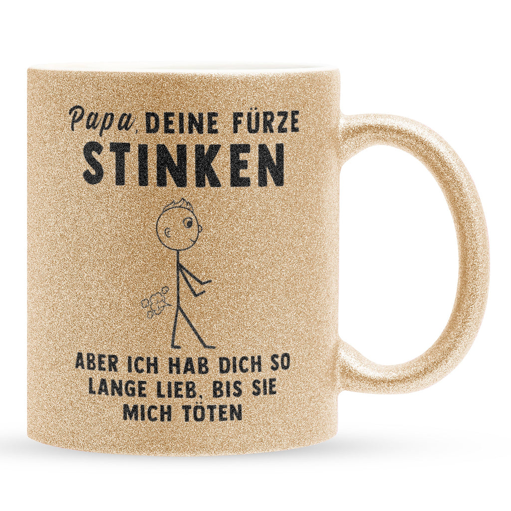 22Feels® ORIGINAL Glitzertasse - Vater Geschenk - Spruch: Papa, Deine Fürze Stinken (Gold, 320ml)-Glitzertasse Gold 320ml-22Feels
