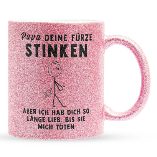 22Feels® ORIGINAL Glitzertasse - Vater Geschenk - Spruch: Papa, Deine Fürze Stinken (Pink, 320ml)-Glitzertasse Pink 320ml-22Feels