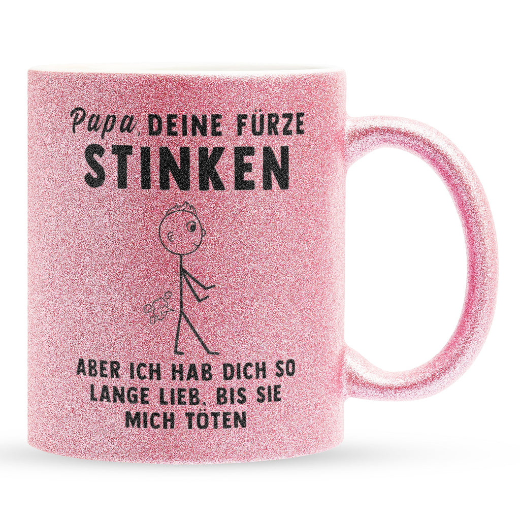 22Feels® ORIGINAL Glitzertasse - Vater Geschenk - Spruch: Papa, Deine Fürze Stinken (Pink, 320ml)-Glitzertasse Pink 320ml-22Feels