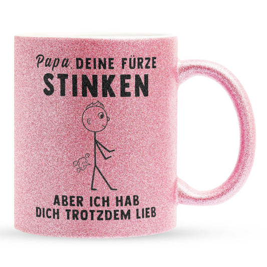 22Feels® ORIGINAL Glitzertasse - Vater Geschenk - Spruch: Papa, Deine Fürze Stinken (Pink, 320ml)-Glitzertasse Pink 320ml-22Feels