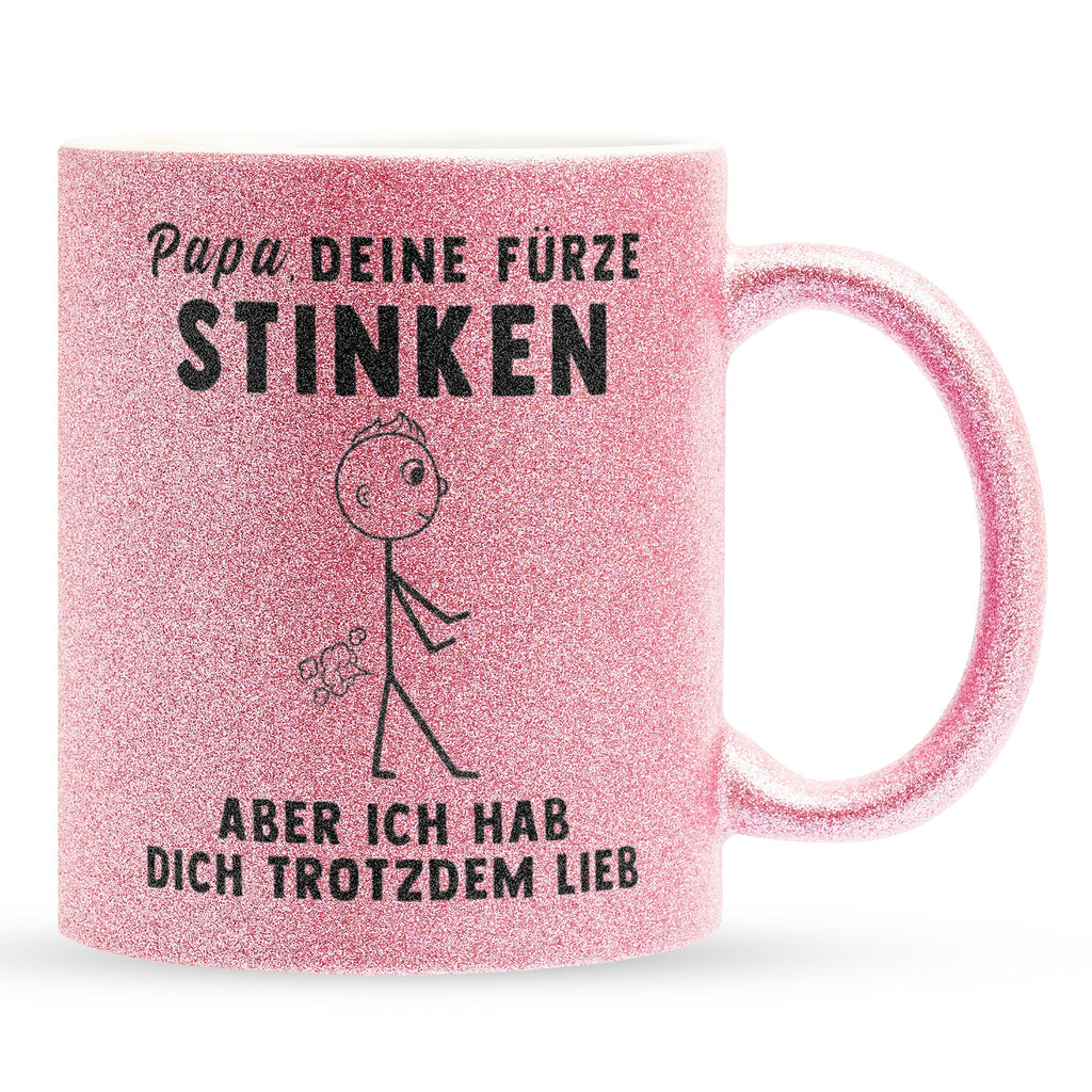 22Feels® ORIGINAL Glitzertasse - Vater Geschenk - Spruch: Papa, Deine Fürze Stinken (Pink, 320ml)-Glitzertasse Pink 320ml-22Feels