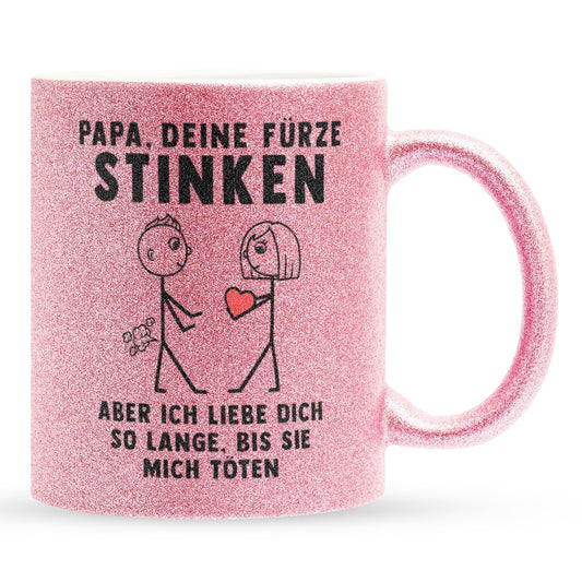 22Feels® ORIGINAL Glitzertasse - Papa, Deine Fürze Stinken - Vater Geschenk von Tochter (Pink, 320ml)-Glitzertasse Pink 320ml-22Feels