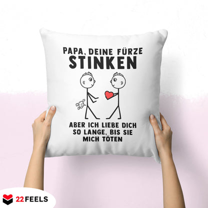 22Feels® ORIGINAL Kissen - Papa, Deine Fürze Stinken - Vater Geschenk von Sohn (Weiss, 40x40cm)-Kissen Weiss 40x40-22Feels