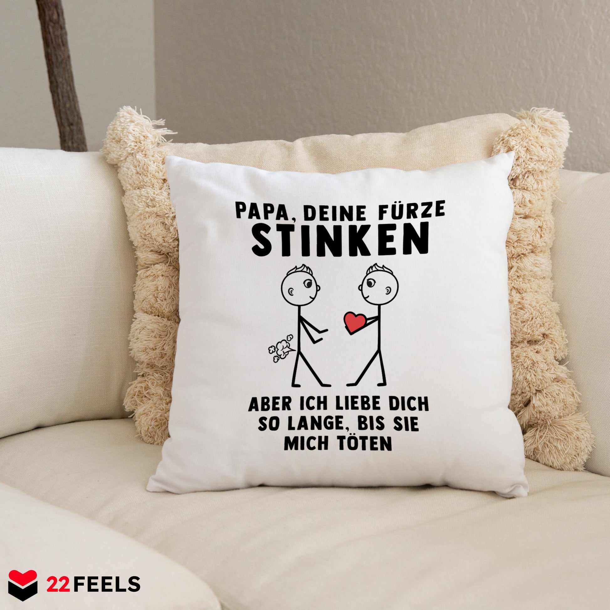 22Feels® ORIGINAL Kissen - Papa, Deine Fürze Stinken - Vater Geschenk von Sohn (Weiss, 40x40cm)-Kissen Weiss 40x40-22Feels