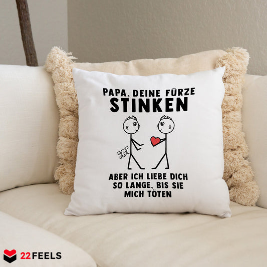 22Feels® ORIGINAL Kissen - Papa, Deine Fürze Stinken - Vater Geschenk von Sohn (Weiss, 40x40cm)-Kissen Weiss 40x40-22Feels