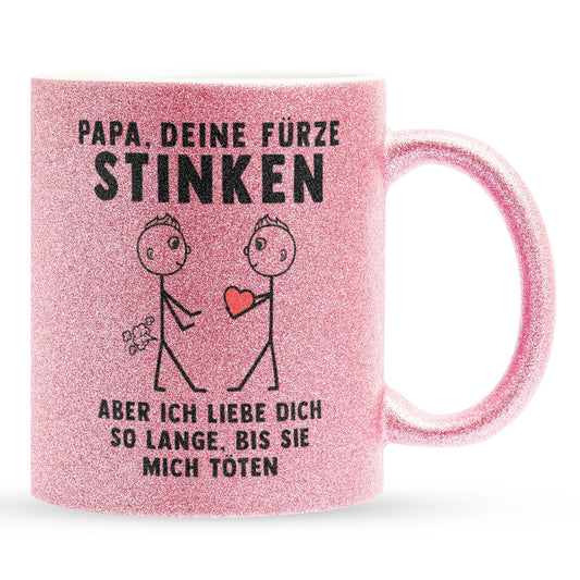 22Feels® ORIGINAL Glitzertasse - Papa, Deine Fürze Stinken - Vater Geschenk von Sohn (Pink, 320ml)-Glitzertasse Pink 320ml-22Feels