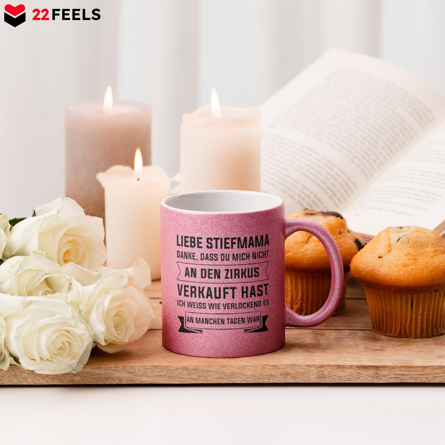 22Feels® Stiefmama Geschenk - Glitzertasse mit Spruch (Pink, 320ml)-Glitzertasse Pink 325ml-22Feels
