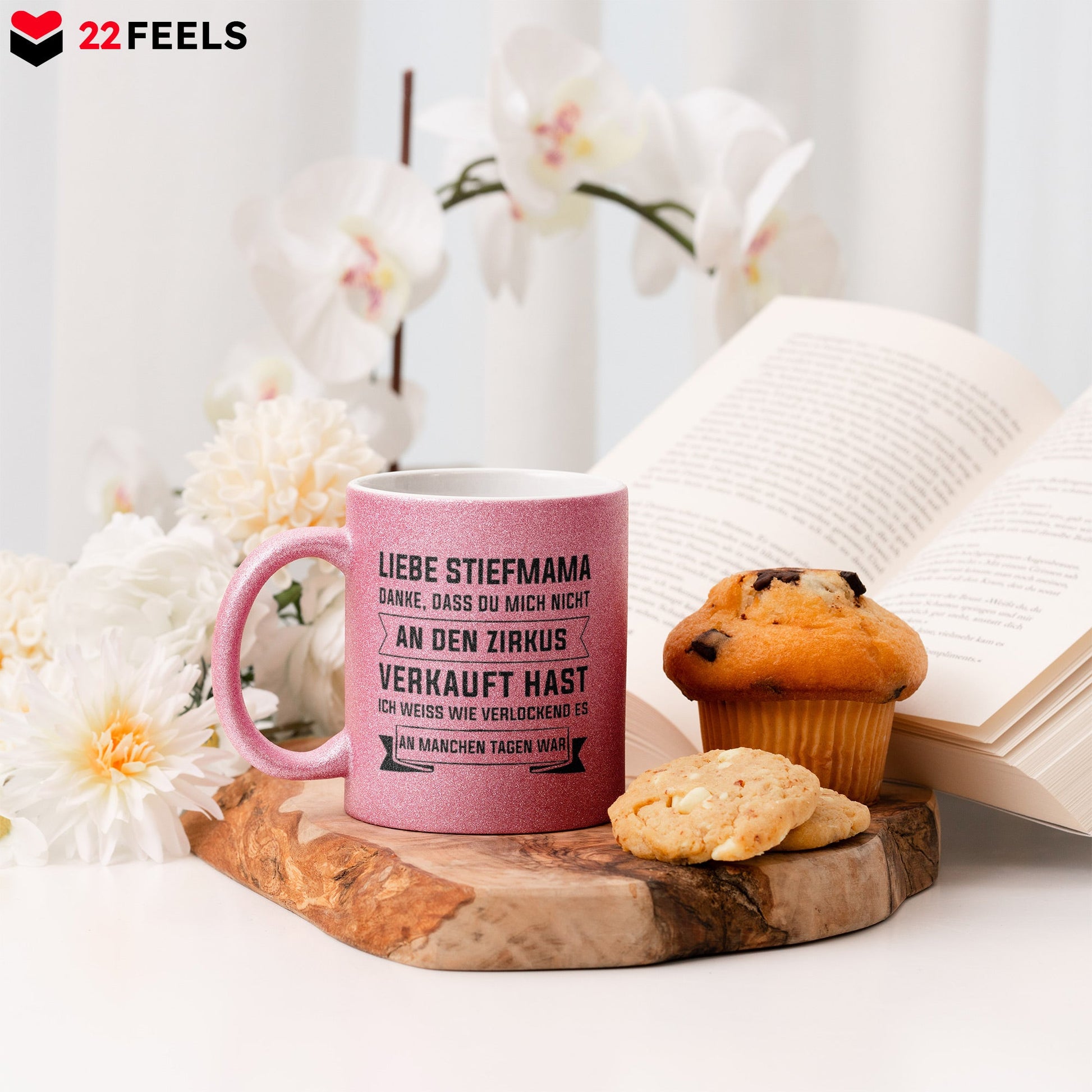 22Feels® Stiefmama Geschenk - Glitzertasse mit Spruch (Pink, 320ml)-Glitzertasse Pink 325ml-22Feels