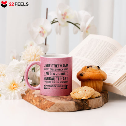 22Feels® Stiefmama Geschenk - Glitzertasse mit Spruch (Pink, 320ml)-Glitzertasse Pink 325ml-22Feels