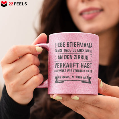 22Feels® Stiefmama Geschenk - Glitzertasse mit Spruch (Pink, 320ml)-Glitzertasse Pink 325ml-22Feels
