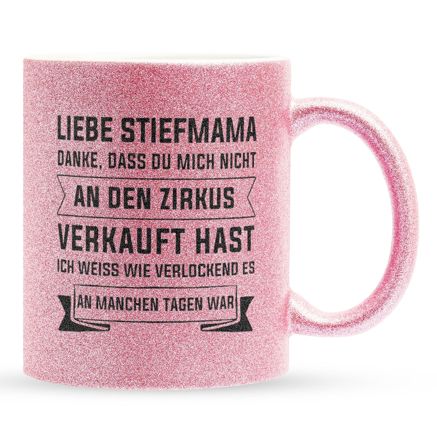 22Feels® Stiefmama Geschenk - Glitzertasse mit Spruch (Pink, 320ml)-Glitzertasse Pink 325ml-22Feels