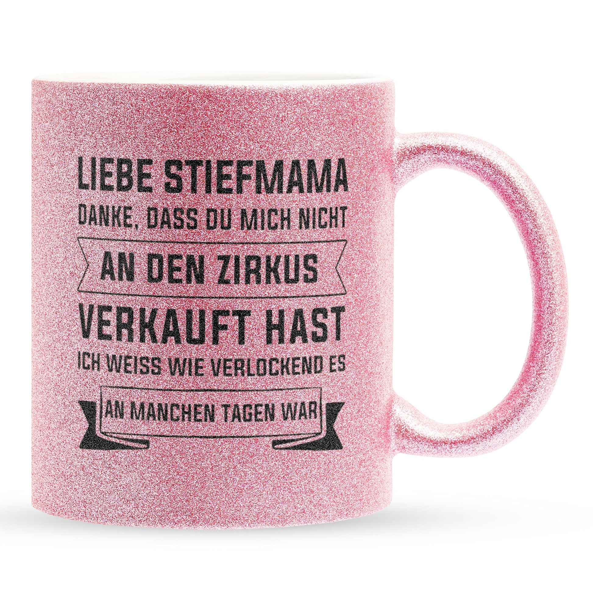 22Feels® Stiefmama Geschenk - Glitzertasse mit Spruch (Pink, 320ml)-Glitzertasse Pink 325ml-22Feels