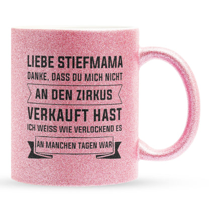 22Feels® Stiefmama Geschenk - Glitzertasse mit Spruch (Pink, 320ml)-Glitzertasse Pink 325ml-22Feels