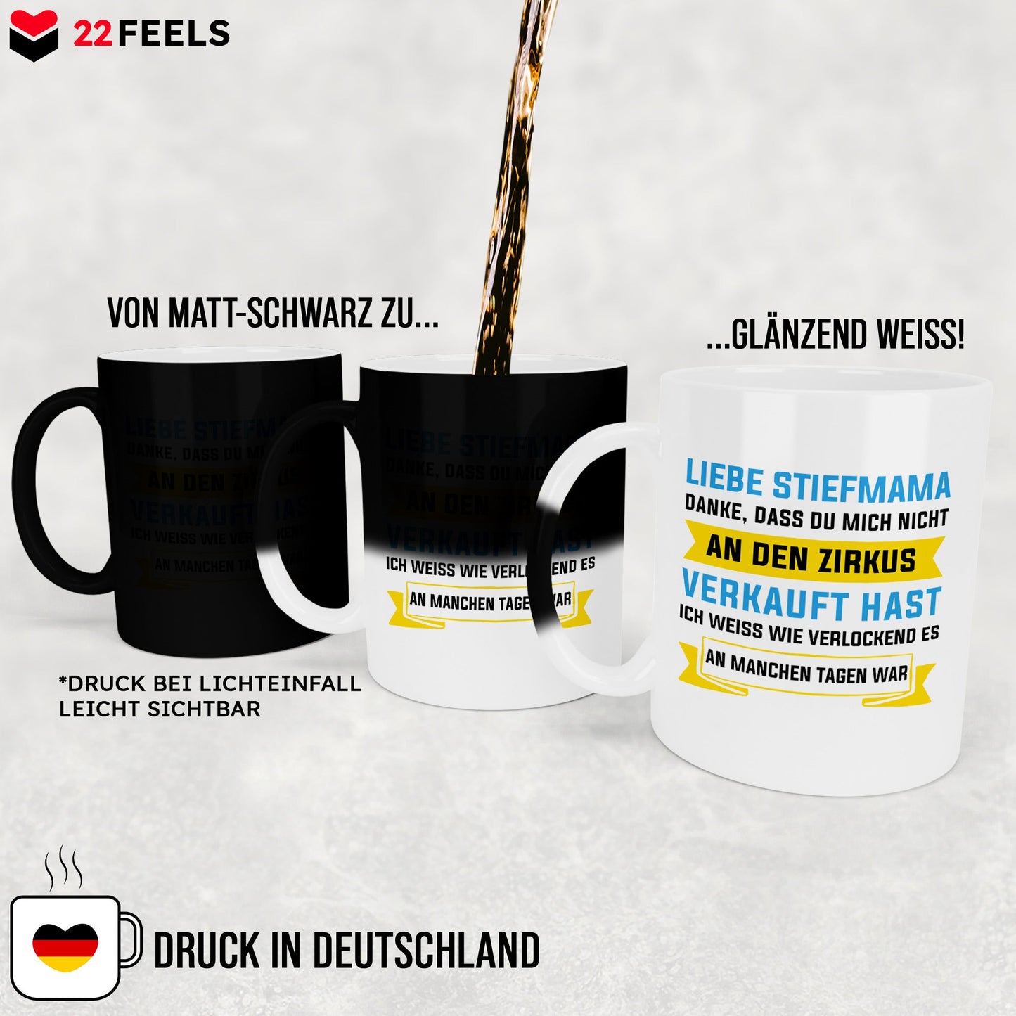 22Feels® Stiefmama Geschenk - Zaubertasse mit Spruch (Matt-Schwarz und Weiss, 320ml)-Farbwechsel Tasse Matt 320ml-22Feels