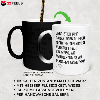 22Feels® Stiefmama Geschenk - Zaubertasse mit Spruch (Matt-Schwarz und Weiss, 320ml)-Farbwechsel Tasse Matt 320ml-22Feels