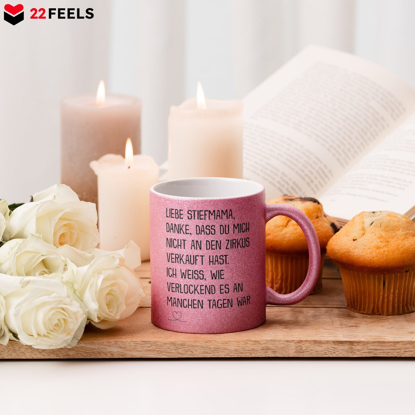 22Feels® Stiefmama Geschenk - Glitzertasse mit Spruch (Pink, 320ml)-Glitzertasse Pink 325ml-22Feels
