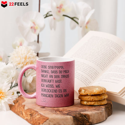 22Feels® Stiefmama Geschenk - Glitzertasse mit Spruch (Pink, 320ml)-Glitzertasse Pink 325ml-22Feels