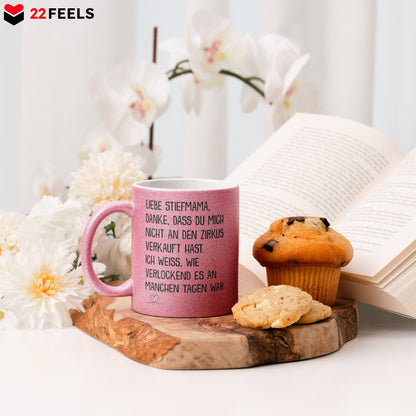 22Feels® Stiefmama Geschenk - Glitzertasse mit Spruch (Pink, 320ml)-Glitzertasse Pink 325ml-22Feels