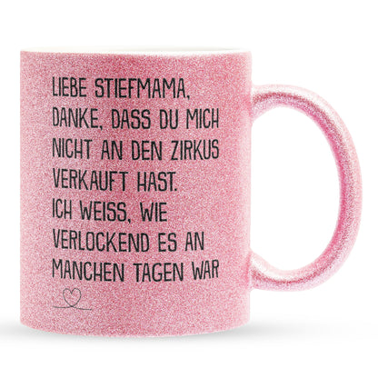 22Feels® Stiefmama Geschenk - Glitzertasse mit Spruch (Pink, 320ml)-Glitzertasse Pink 325ml-22Feels