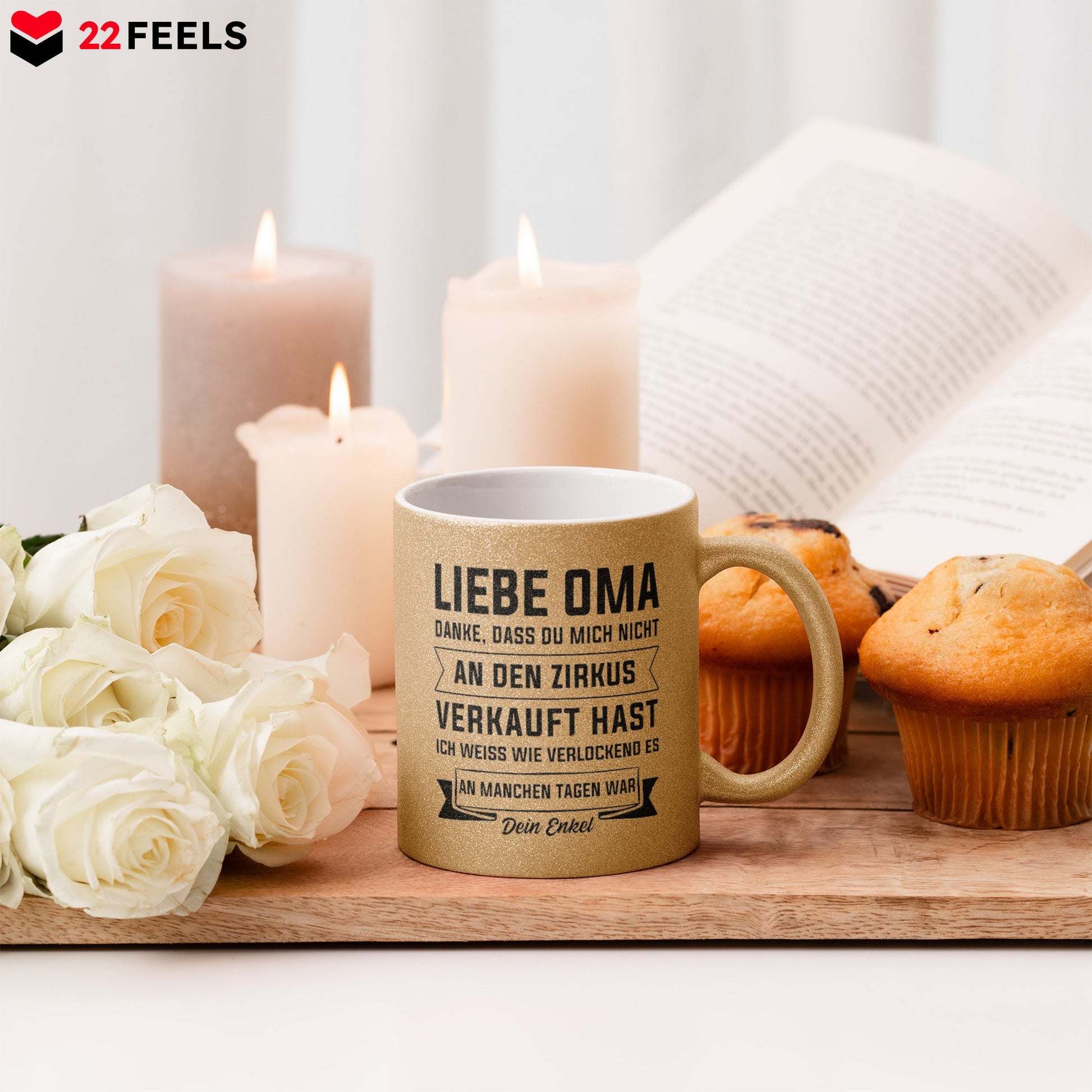 22Feels® Oma Geschenk von Enkel - Glitzertasse mit Spruch (Gold, 320ml)-Glitzertasse Gold 320ml-22Feels