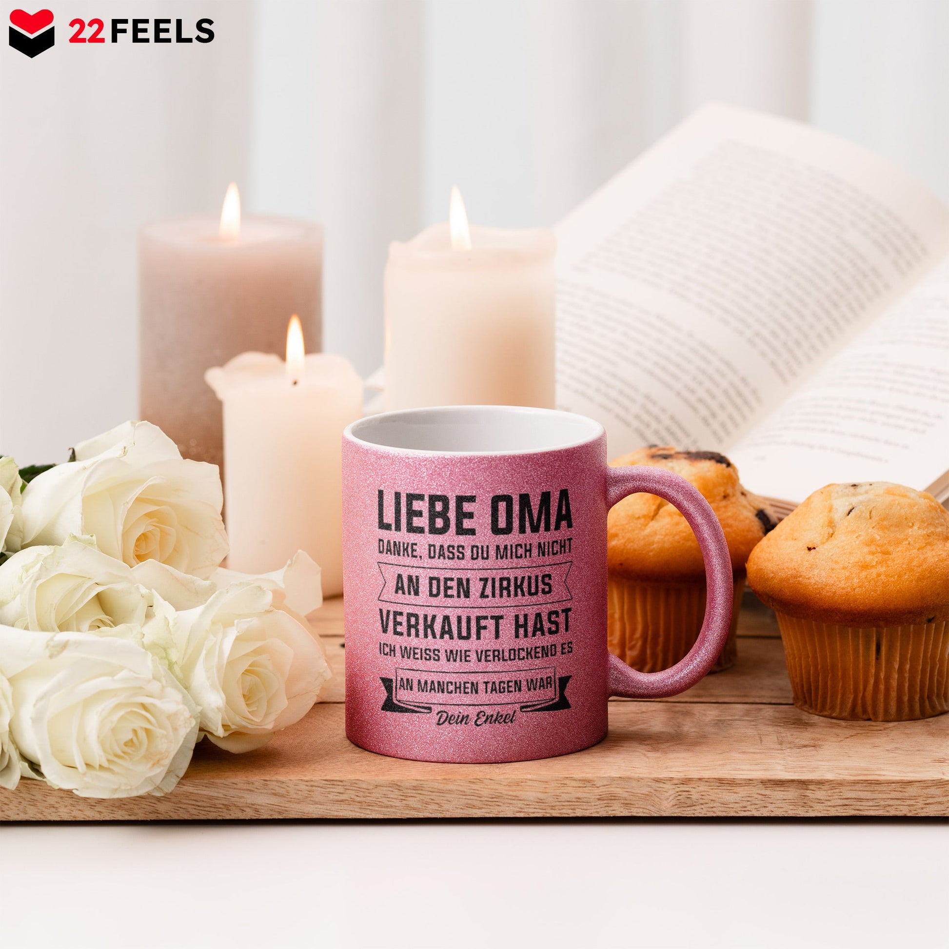 22Feels® Oma Geschenk von Enkel - Glitzertasse mit Spruch (Pink, 320ml)-Glitzertasse Pink 325ml-22Feels