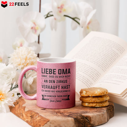 22Feels® Oma Geschenk von Enkel - Glitzertasse mit Spruch (Pink, 320ml)-Glitzertasse Pink 325ml-22Feels