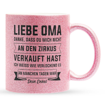 22Feels® Oma Geschenk von Enkel - Glitzertasse mit Spruch (Pink, 320ml)-Glitzertasse Pink 325ml-22Feels