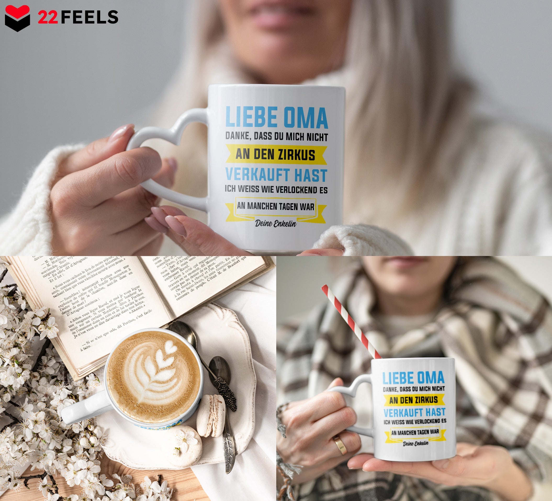 22Feels® Oma Geschenk von Enkelin - Tasse mit Spruch: Zirkus (Herzhenkel, Weiss, 320ml)-Tasse Weiss Herzhenkel 320ml-22Feels