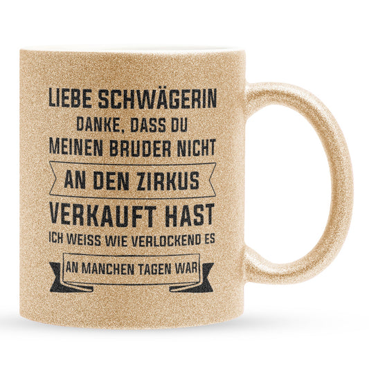 22Feels® Schwägerin Geschenk - Glitzertasse mit Spruch (Gold, 320ml)-Glitzertasse Gold 320ml-22Feels