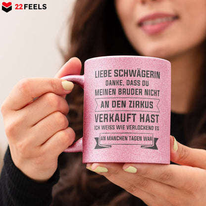 22Feels® Schwägerin Geschenk - Glitzertasse mit Spruch (Pink, 320ml)-Glitzertasse Pink 320ml-22Feels