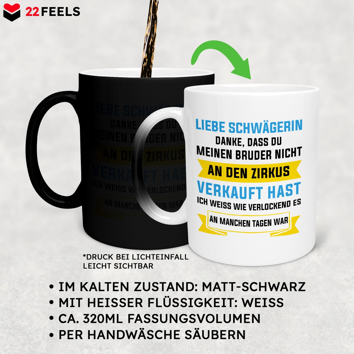 22Feels® Schwägerin Geschenk - Zaubertasse mit Spruch (Matt-Schwarz und Weiss, 320ml)-Farbwechsel Tasse Matt 320ml-22Feels