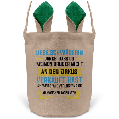 22Feels® Schwägerin Osterkorb -Mein Bruder- mit Henkel Ostergeschenk Tragetasche Ostern Deko Osternest Körbchen Hasenohren (Beige/Grün)-Ostern Tragetasche-22Feels
