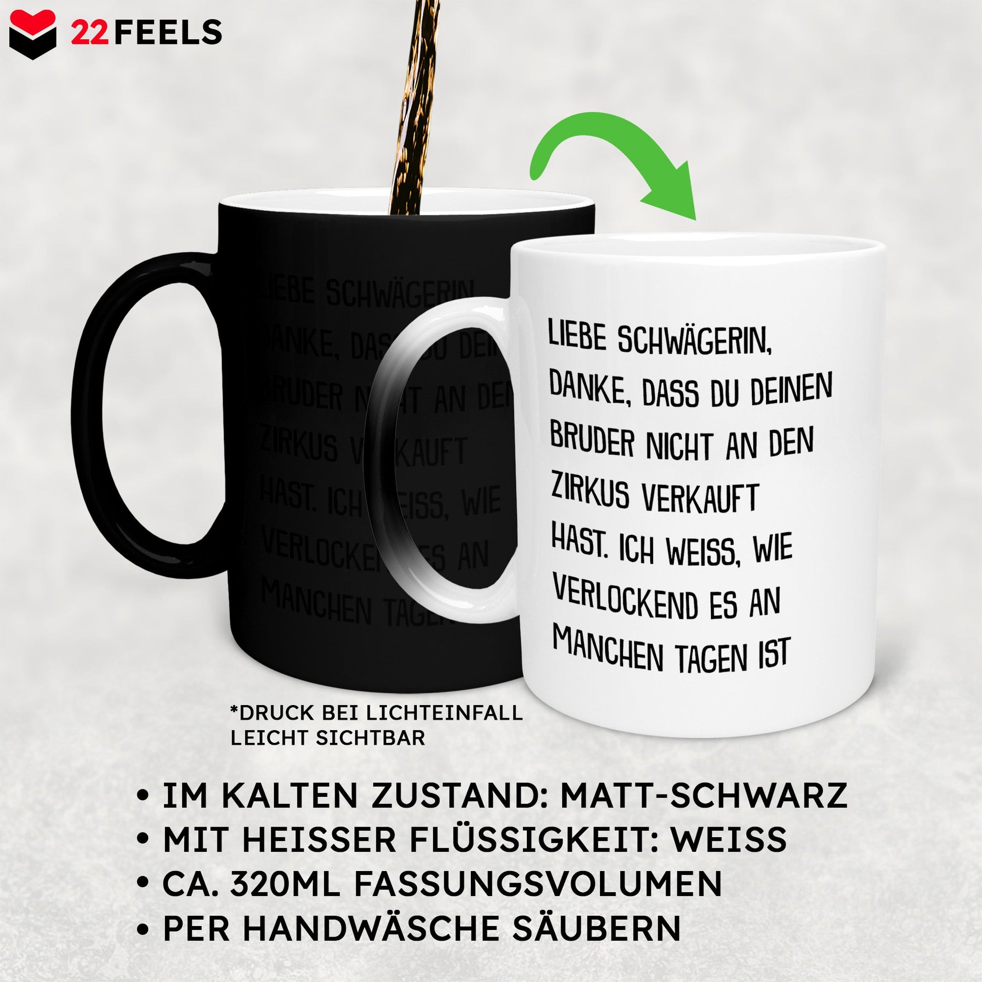 22Feels® Schwägerin Geschenk - Zaubertasse mit Spruch (Matt-Schwarz und Weiss, 320ml)-Farbwechsel Tasse Matt 320ml-22Feels