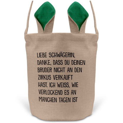 22Feels® Schwägerin Osterkorb -Dein Bruder- mit Henkel Ostergeschenk Tragetasche Ostern Deko Osternest Körbchen Hasenohren (Beige/Grün)-Ostern Tragetasche-22Feels